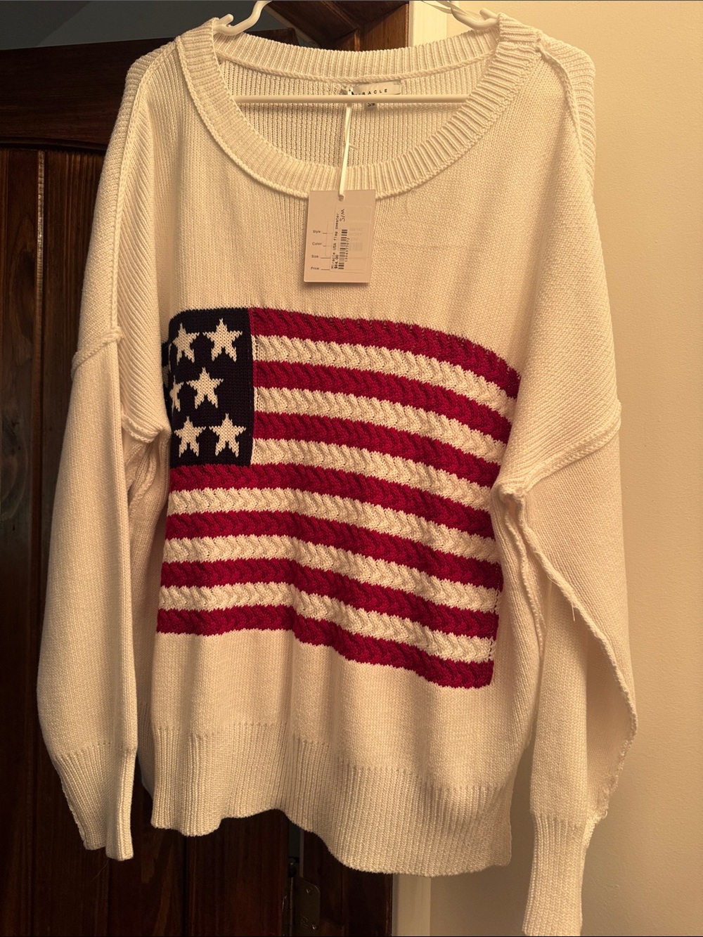 Miracle Cream Crewneck Sweater with Red & Blue Flag Motif